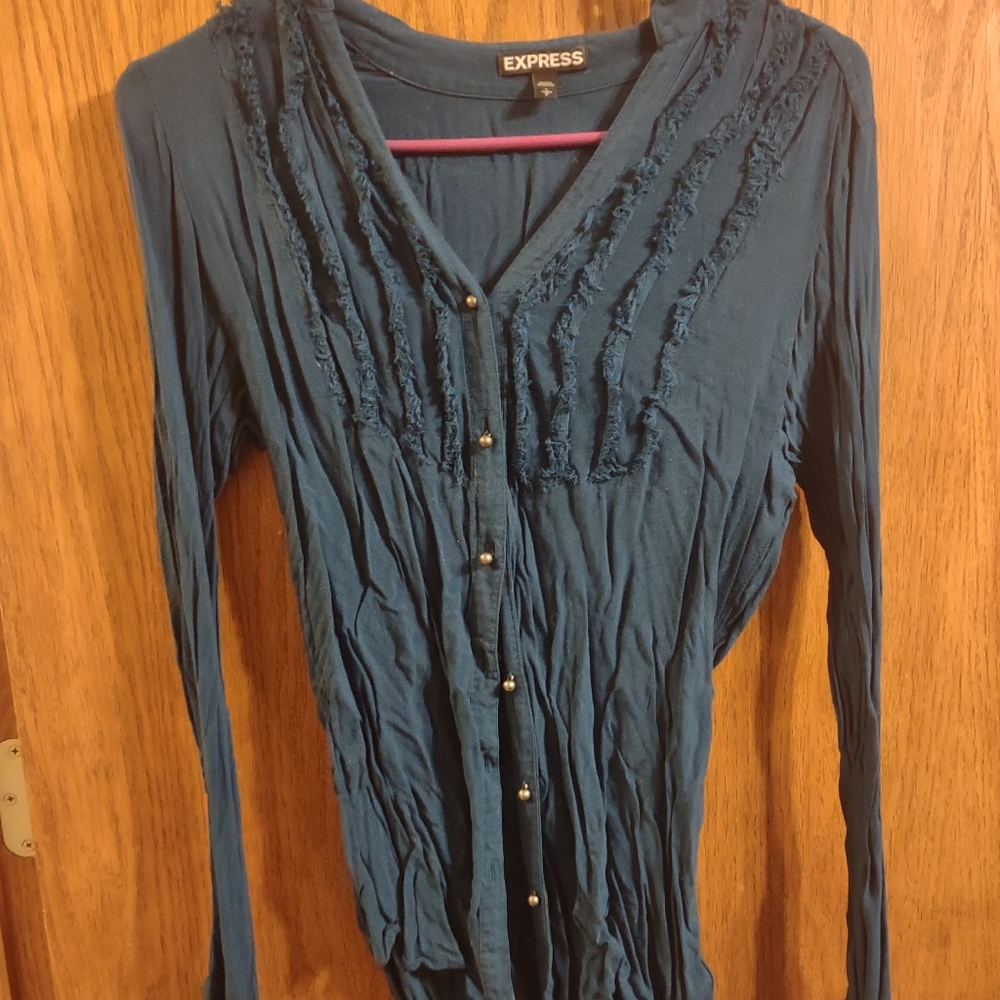 Express Dark Blue Button Up Shirt with Ruffle